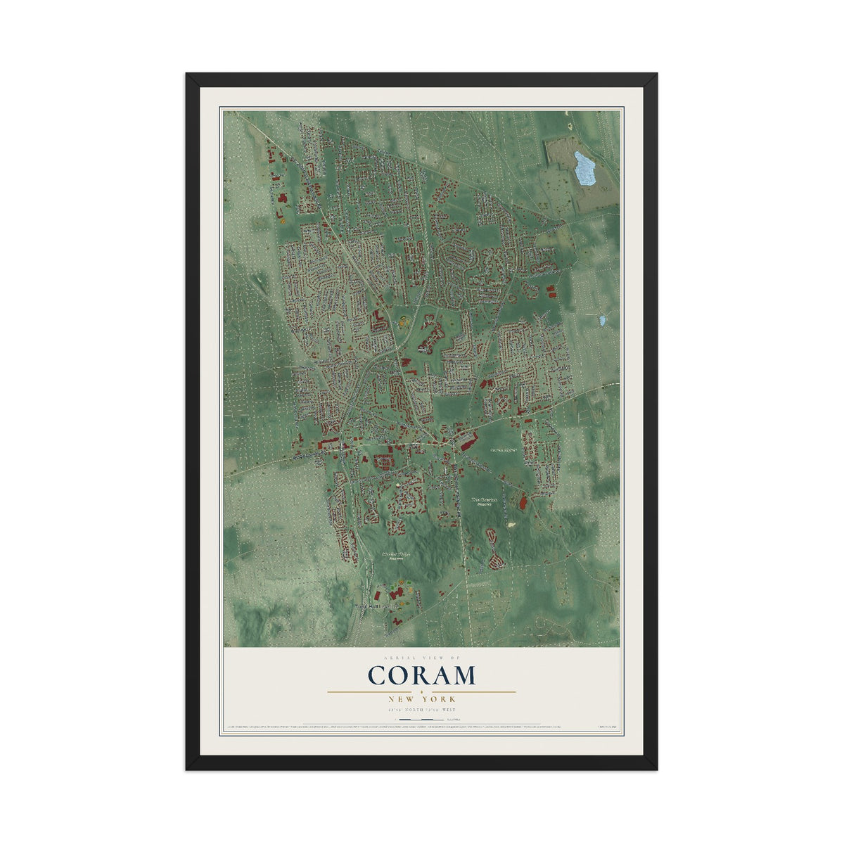 Coram, New York map print, 12" x 18" W/ Black Ayous Wood Frame mockup