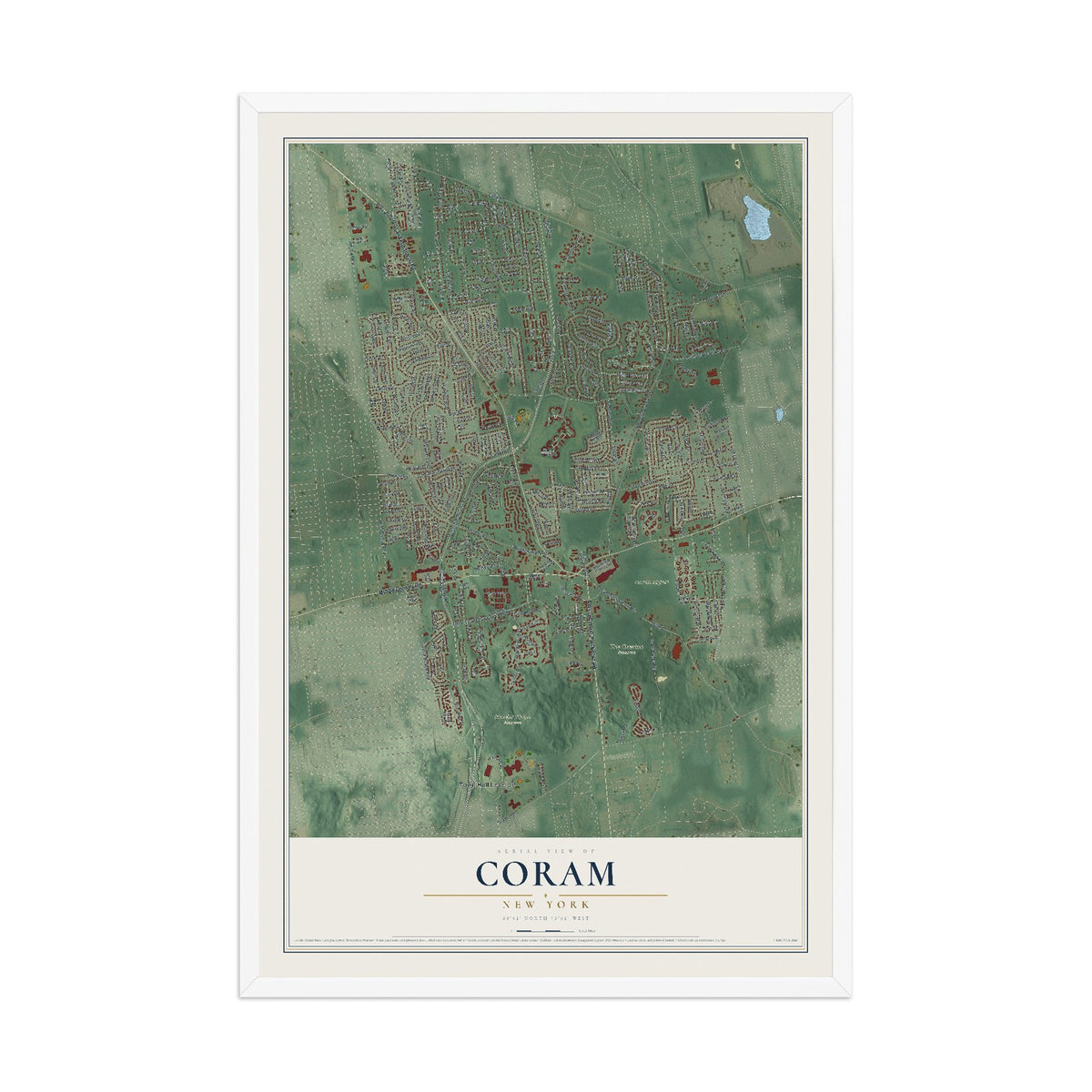 Coram, New York map print, 12" x 18" W/ White Ayous Wood Frame mockup