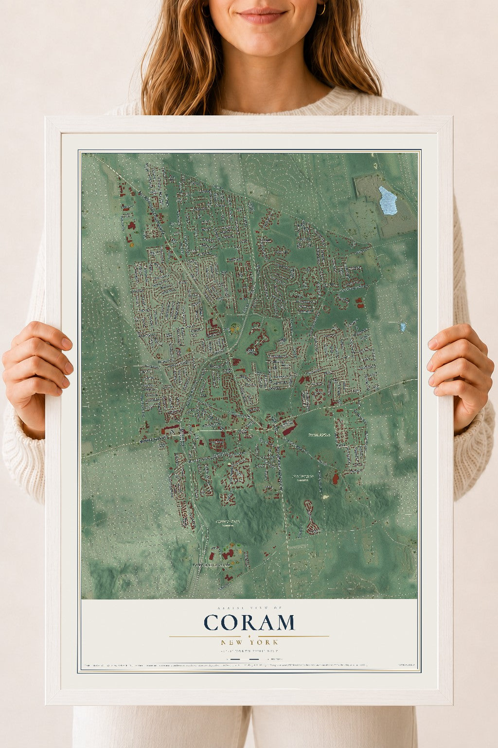 Coram, New York map print, 18" x 24" W/ White Ayous Wood Frame mockup