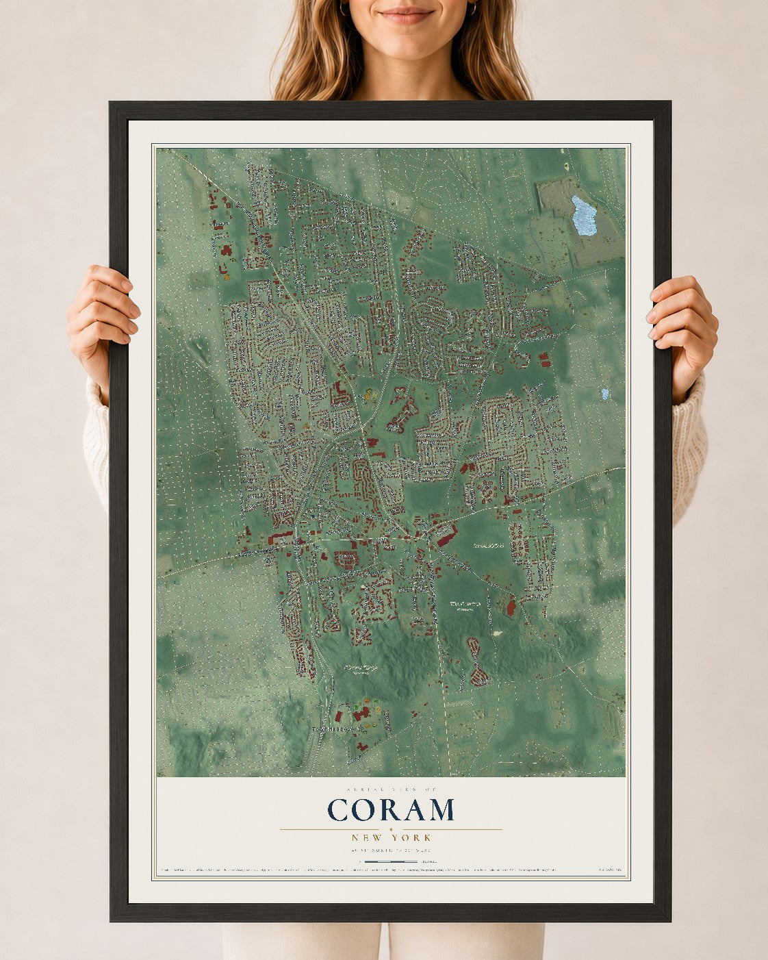 Coram, New York map print, 24" x 36" W/ Black Ayous Wood Frame mockup