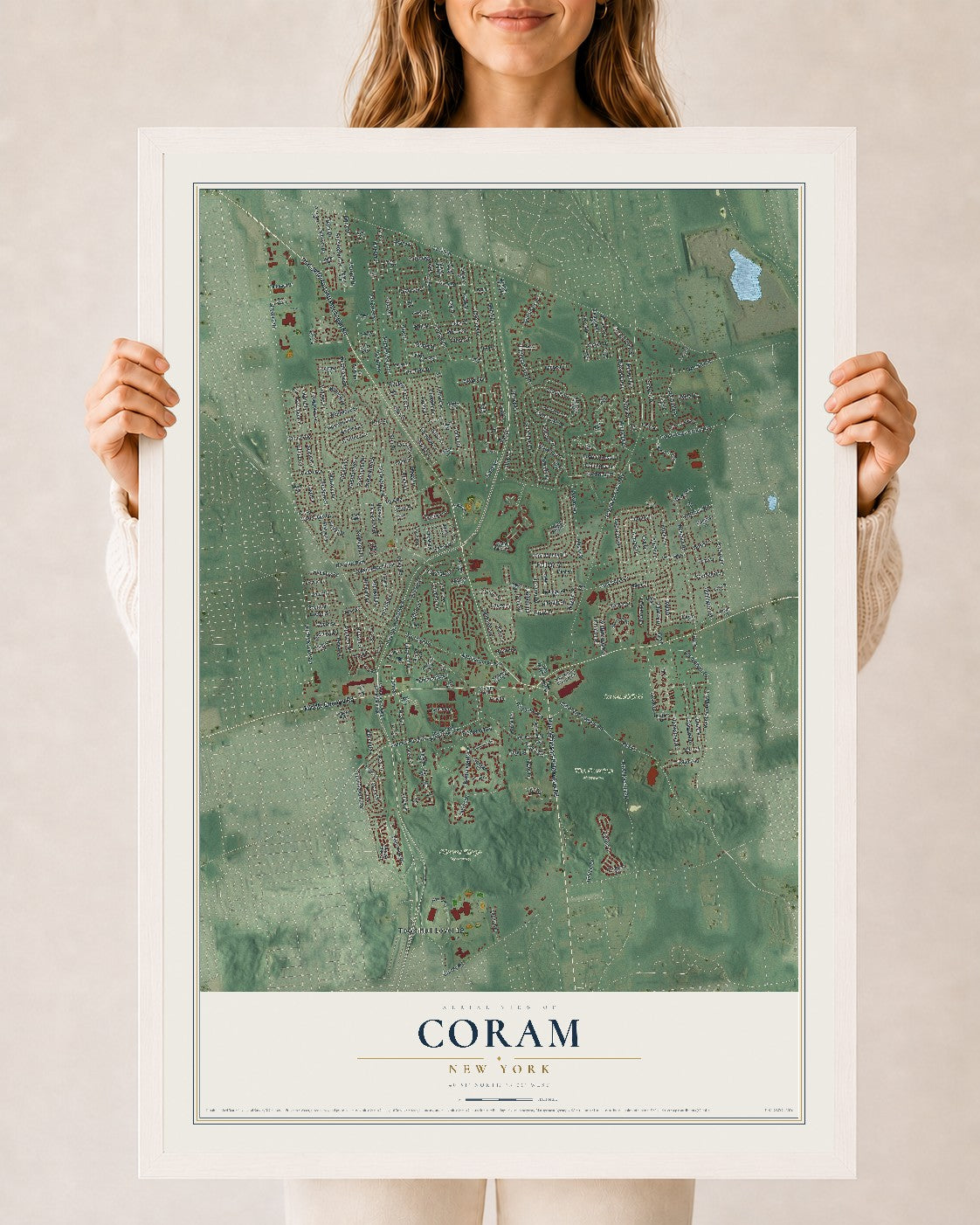 Coram, New York map print, 24" x 36" W/ White Ayous Wood Frame mockup