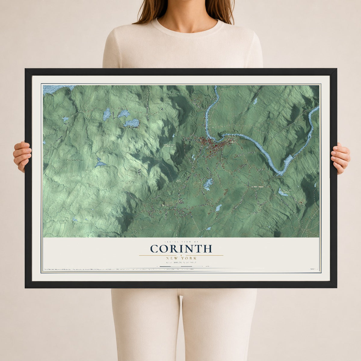 Corinth, New York map print, 24" x 36" W/ Black Ayous Wood Frame mockup