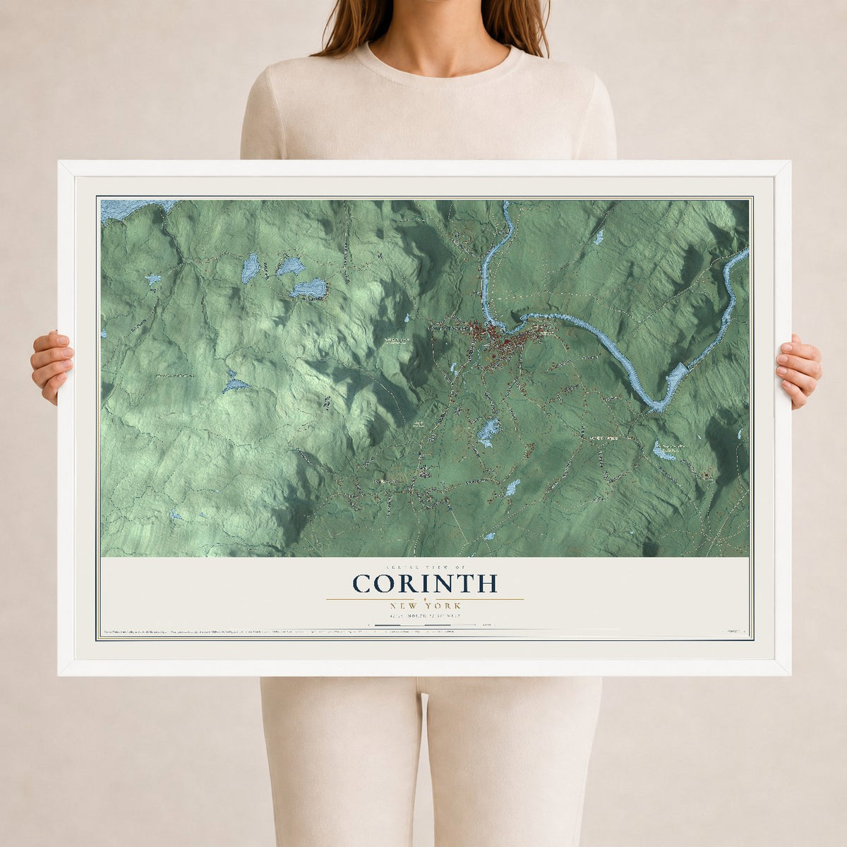 Corinth, New York map print, 24" x 36" W/ White Ayous Wood Frame mockup