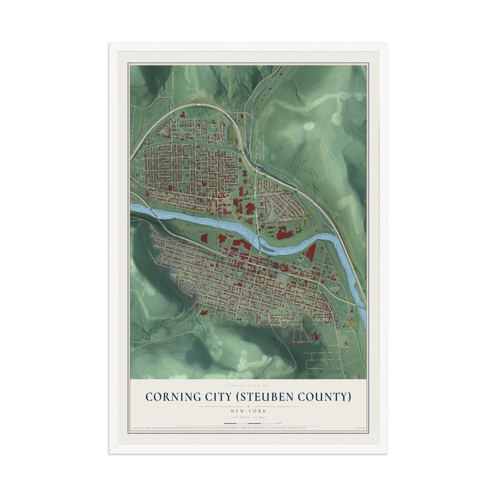Corning City (Steuben County), New York map print, 12" x 18" W/ White Ayous Wood Frame mockup