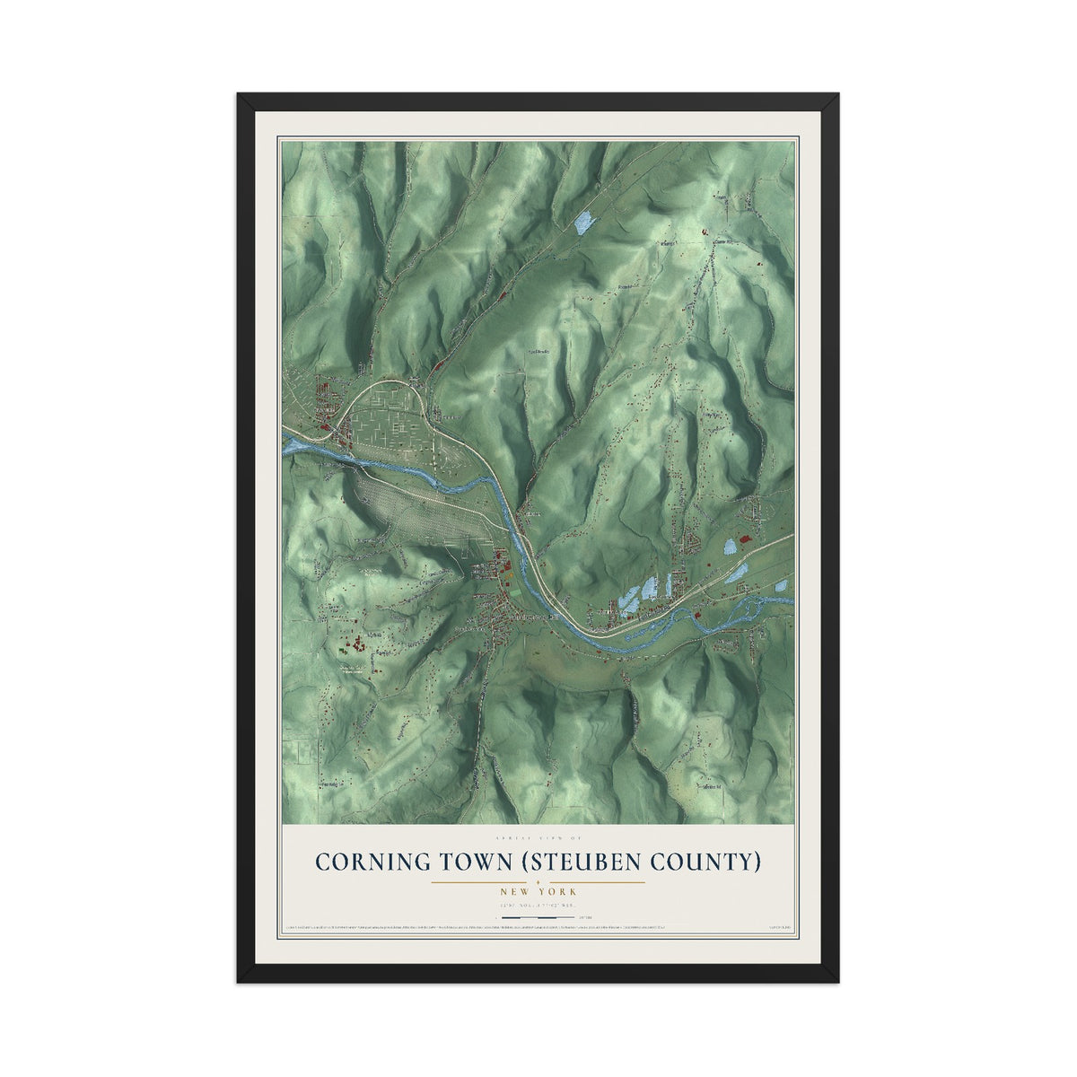 Corning Town (Steuben County), New York map print, 12" x 18" W/ Black Ayous Wood Frame mockup