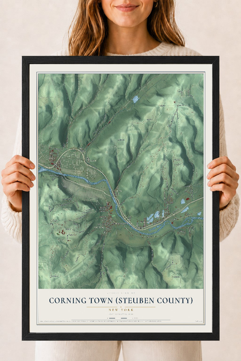 Corning Town (Steuben County), New York map print, 18" x 24" W/ Black Ayous Wood Frame mockup