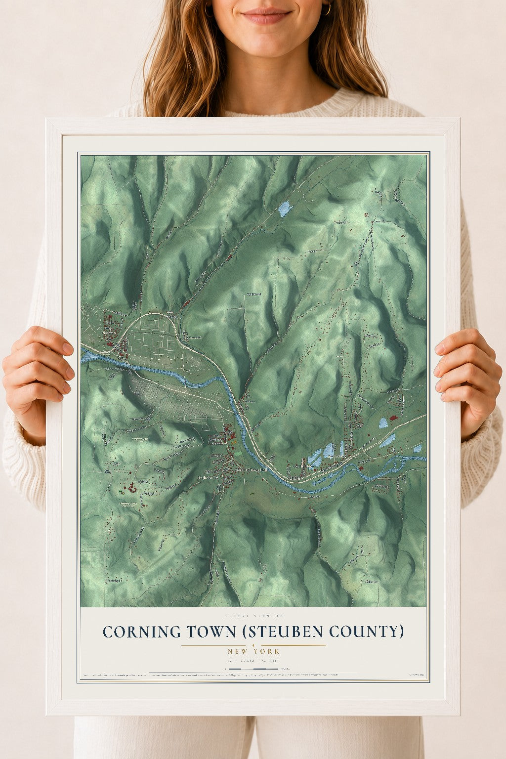 Corning Town (Steuben County), New York map print, 18" x 24" W/ White Ayous Wood Frame mockup