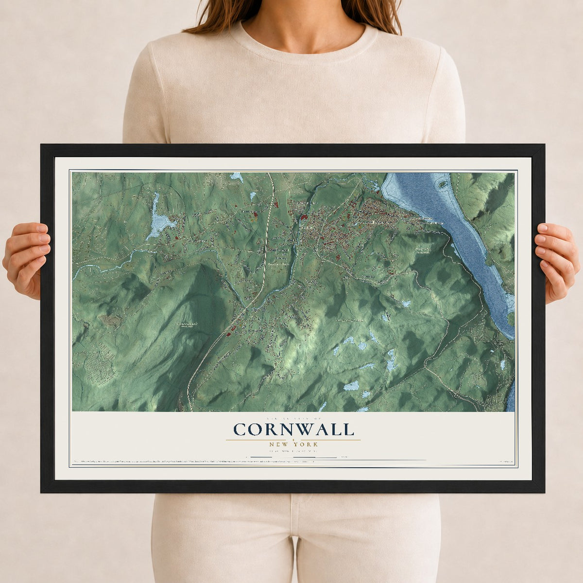 Cornwall, New York map print, 12" x 18" W/ Black Ayous Wood Frame mockup