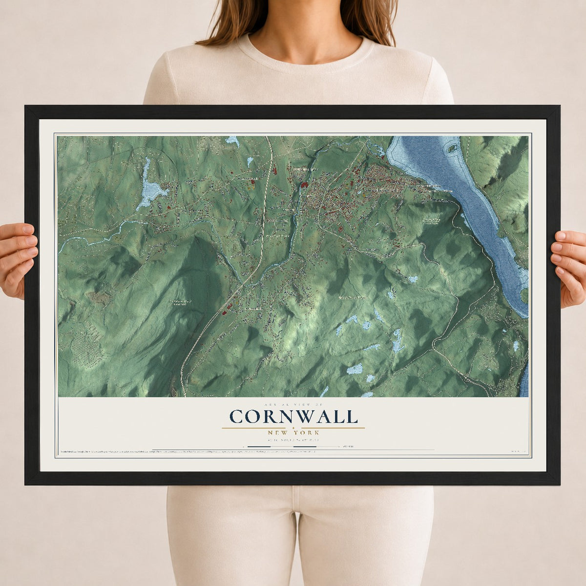 Cornwall, New York map print, 18" x 24" W/ Black Ayous Wood Frame mockup