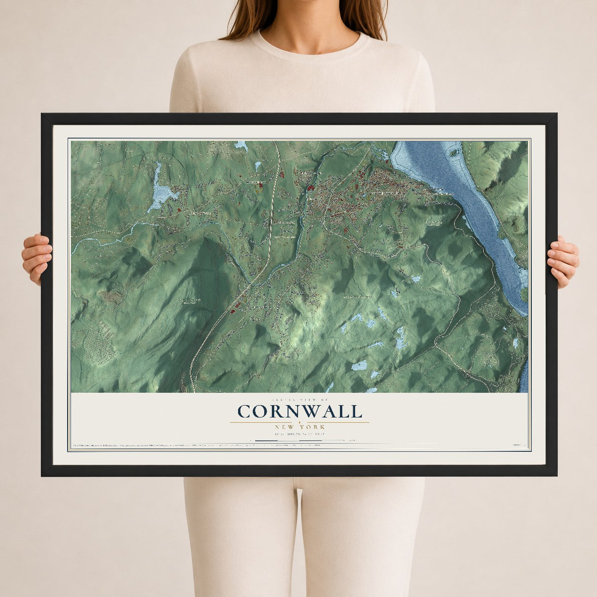 Cornwall, New York map print, 24" x 36" W/ Black Ayous Wood Frame mockup