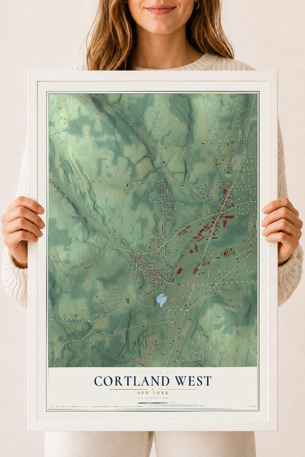 Cortland West, New York map print, 18" x 24" W/ White Ayous Wood Frame mockup