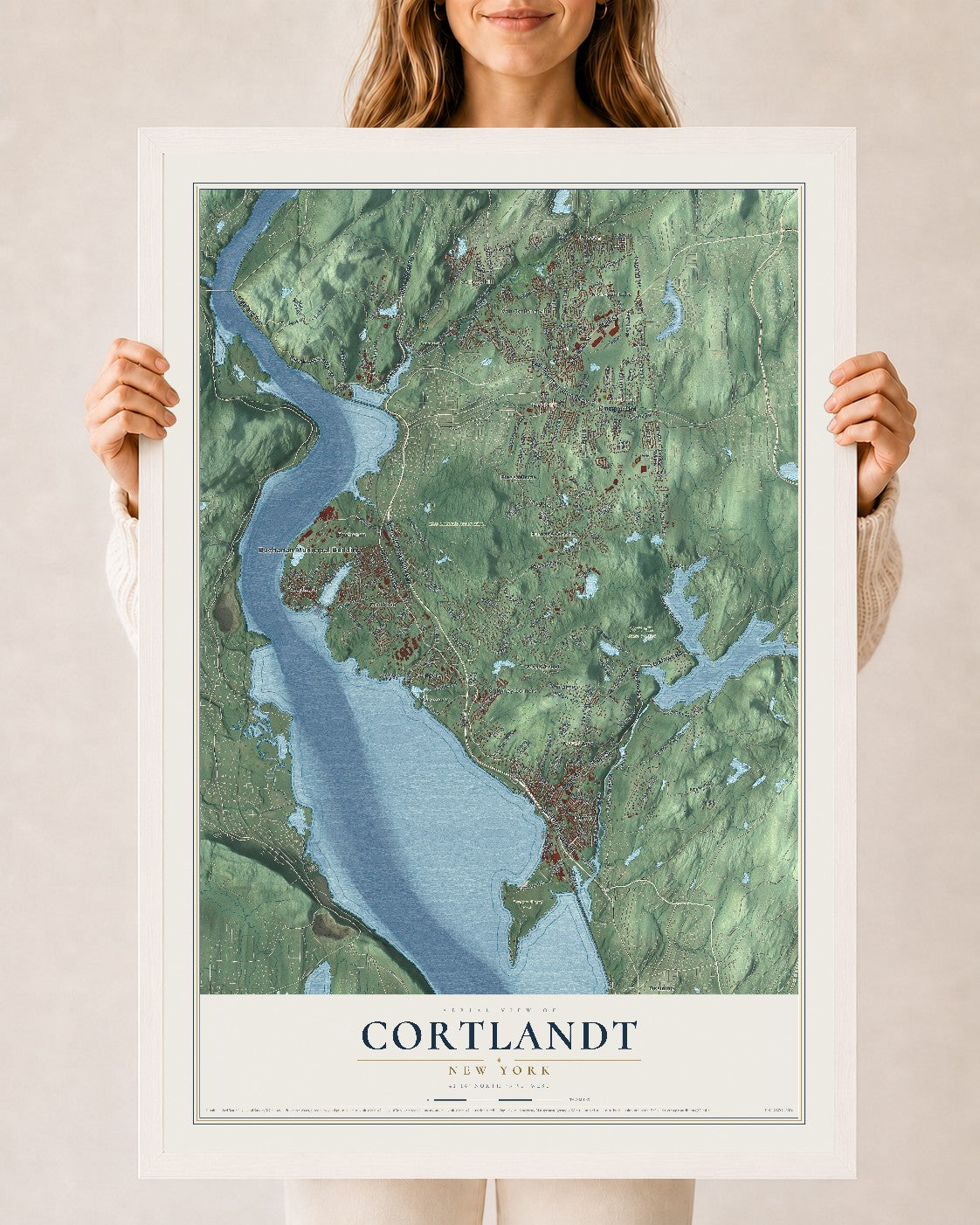 Cortlandt, New York map print, 24" x 36" W/ White Ayous Wood Frame mockup