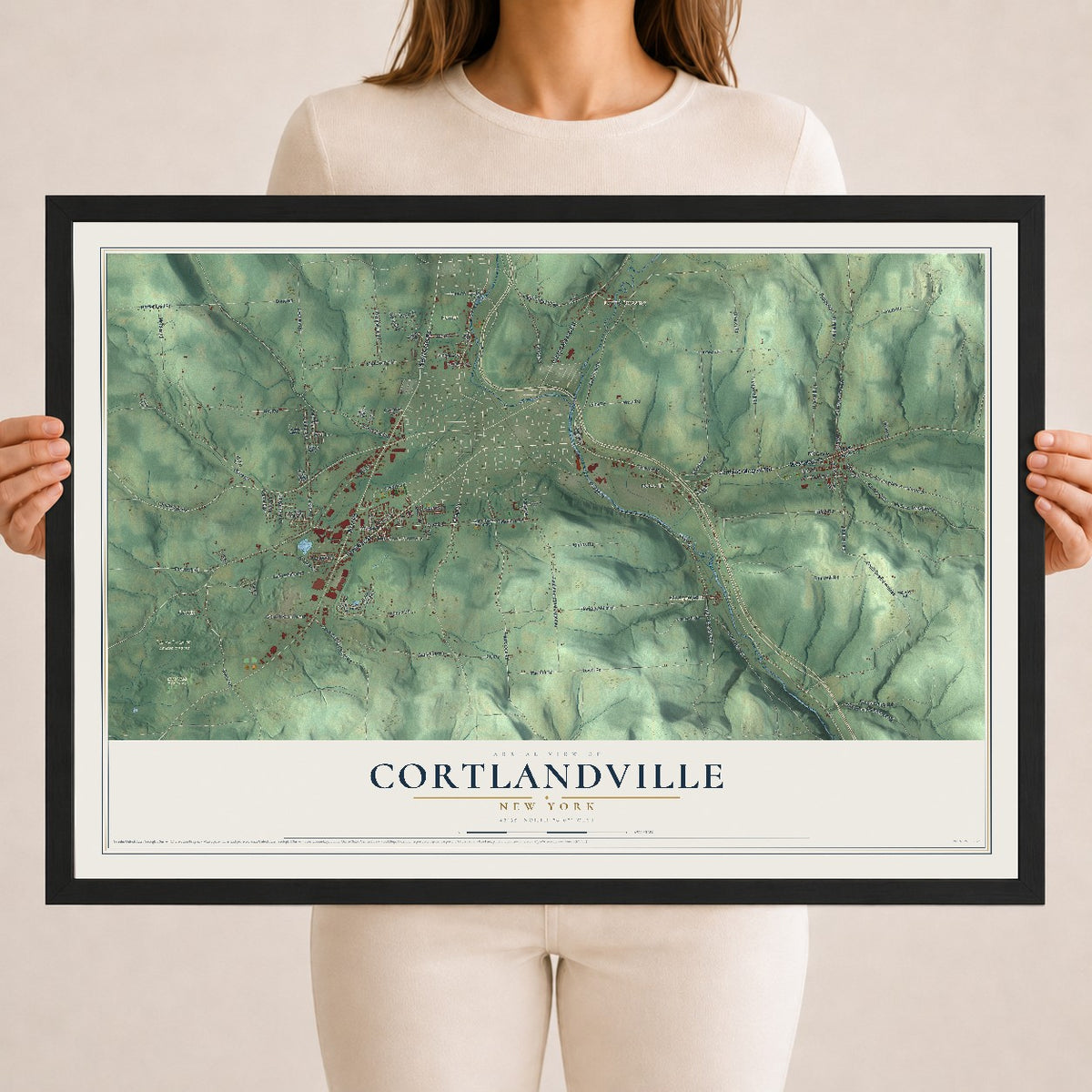 Cortlandville, New York map print, 18" x 24" W/ Black Ayous Wood Frame mockup