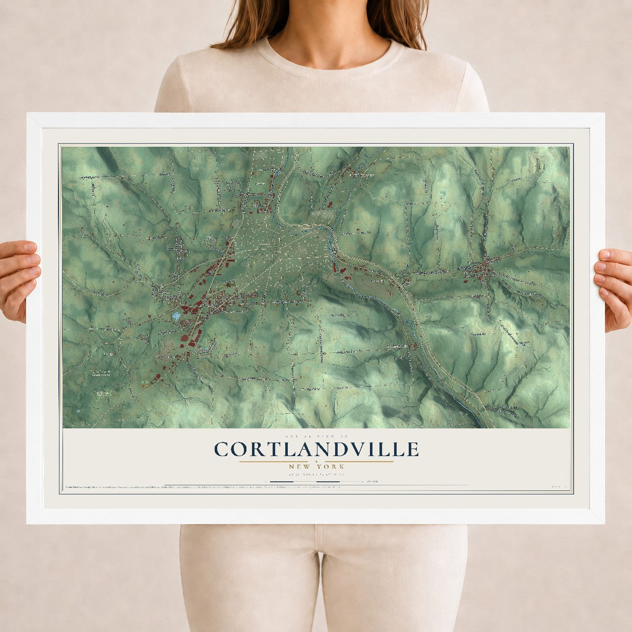 Cortlandville, New York map print, 18" x 24" W/ White Ayous Wood Frame mockup