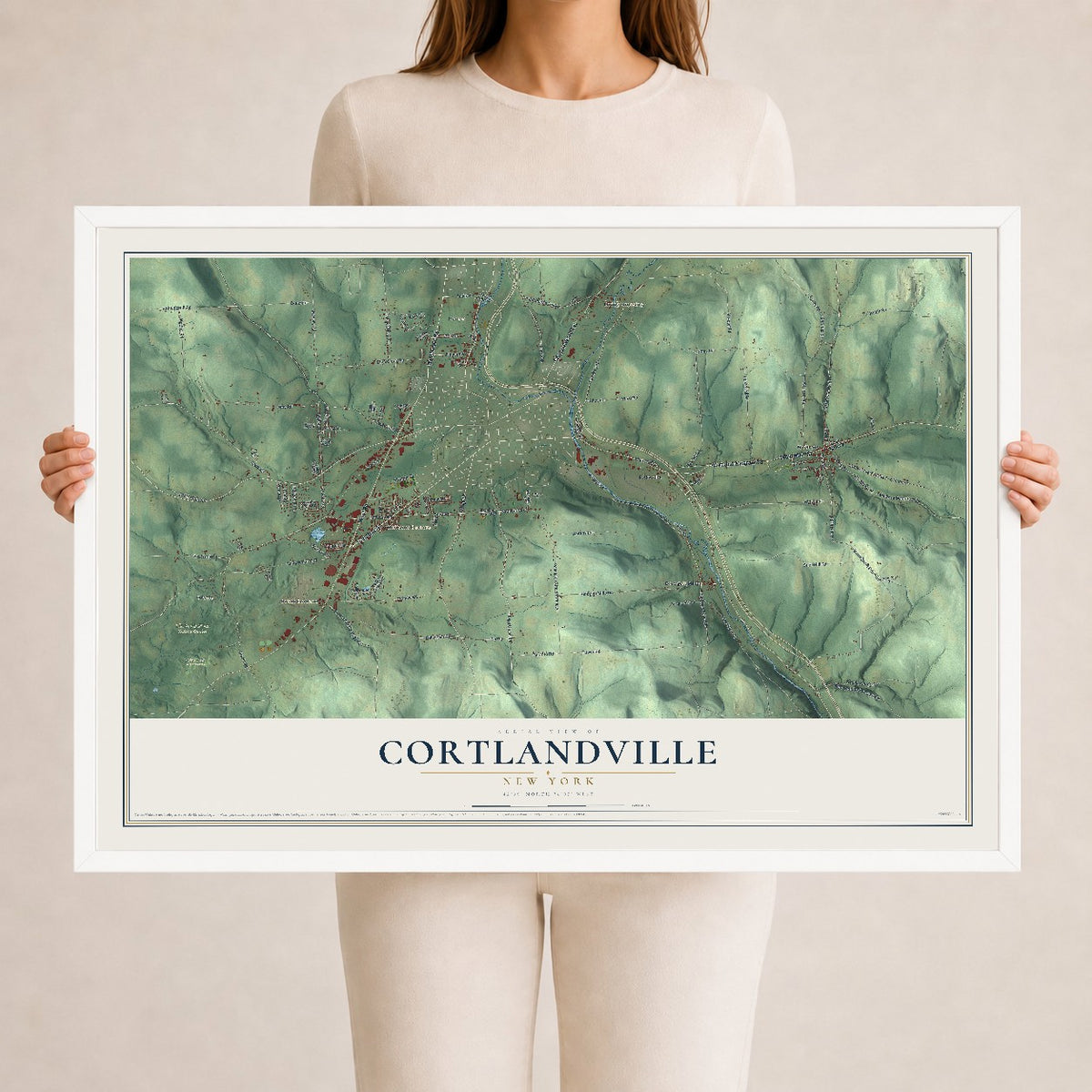 Cortlandville, New York map print, 24" x 36" W/ White Ayous Wood Frame mockup