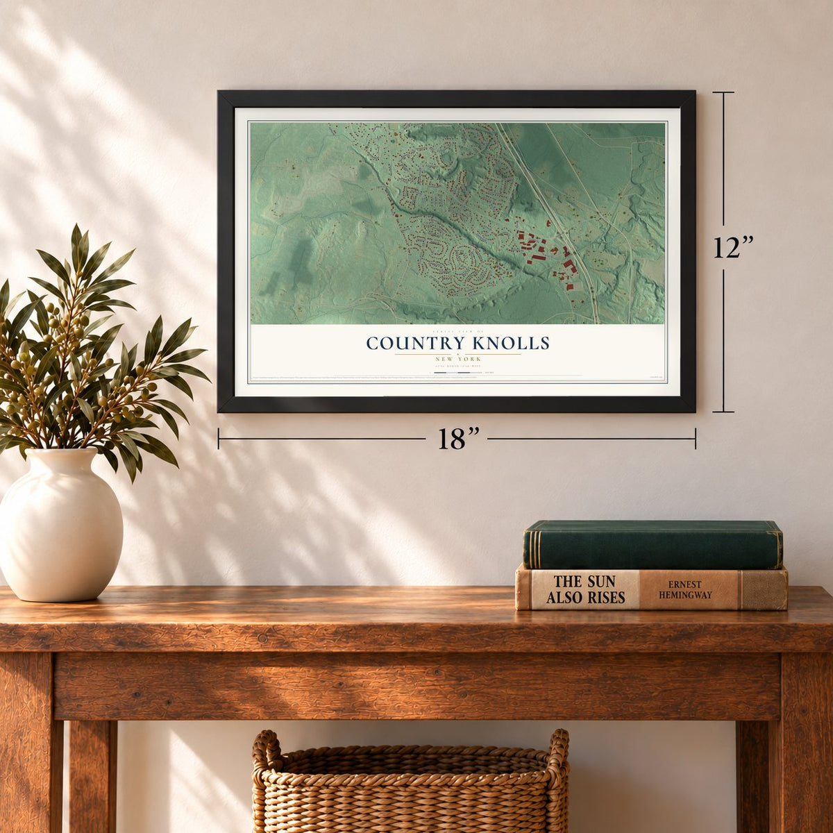 Country Knolls, New York map, 12 x 18 inch print in a black frame in an entryway