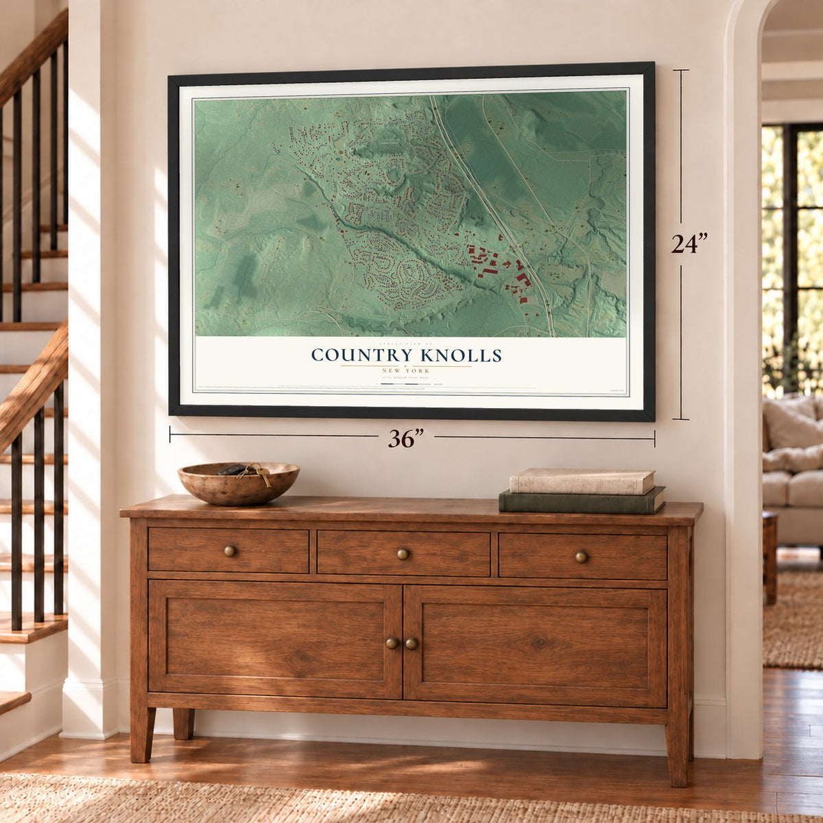 Country Knolls, New York map, 24 x 36 inch print in a black frame above a dresser by a staircase