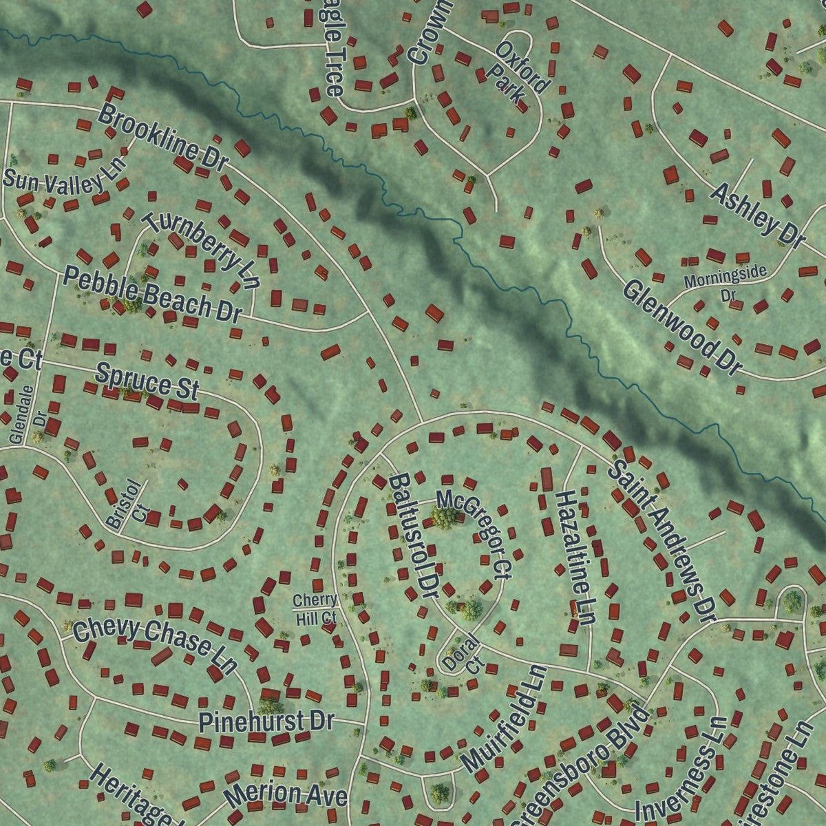 Close-up of the map of Country Knolls, New York print showing street and building detail