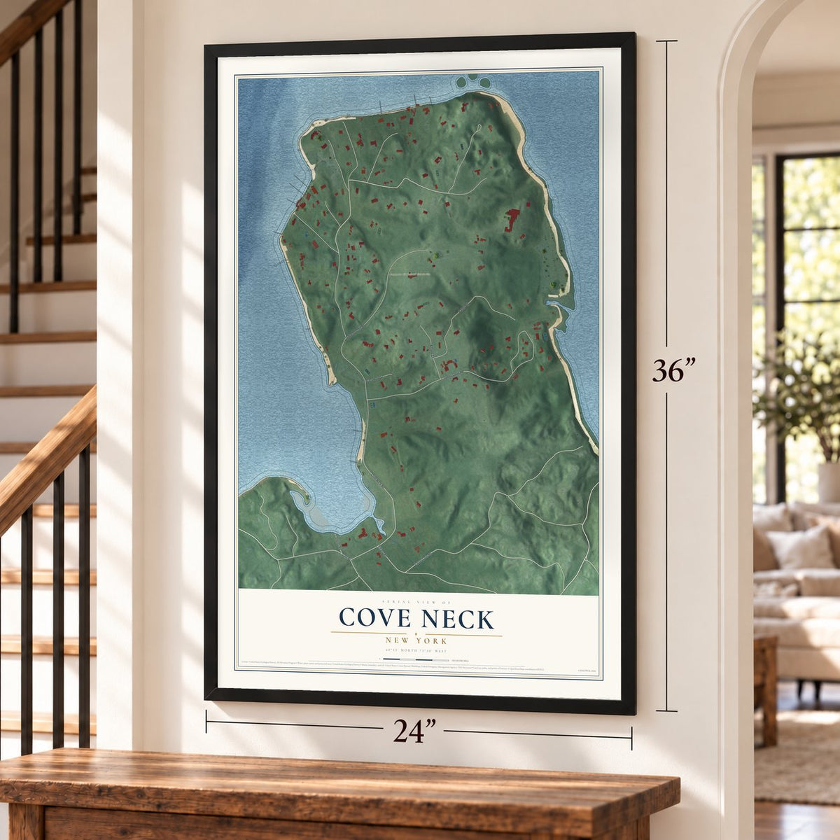 Cove Neck, New York map, 24 x 36 inch print in a black frame by a staircase