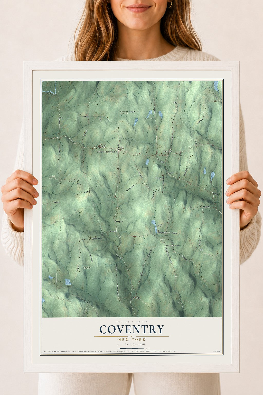 Coventry, New York map print, 18" x 24" W/ White Ayous Wood Frame mockup