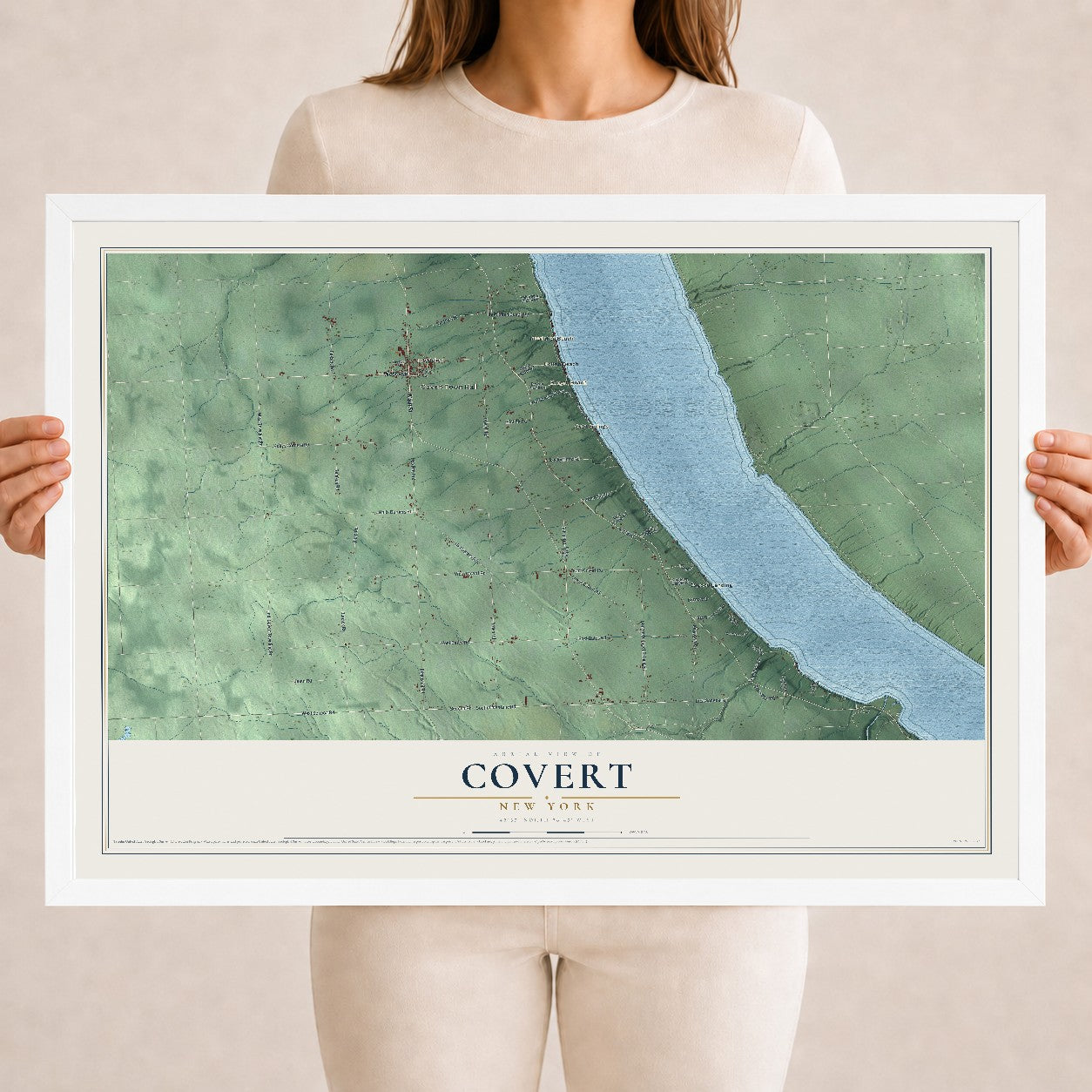 Covert, New York map print, 18" x 24" W/ White Ayous Wood Frame mockup