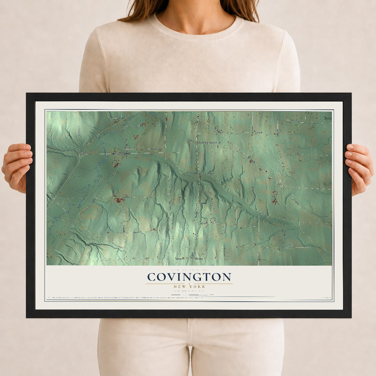 Covington, New York map print, 12" x 18" W/ Black Ayous Wood Frame mockup