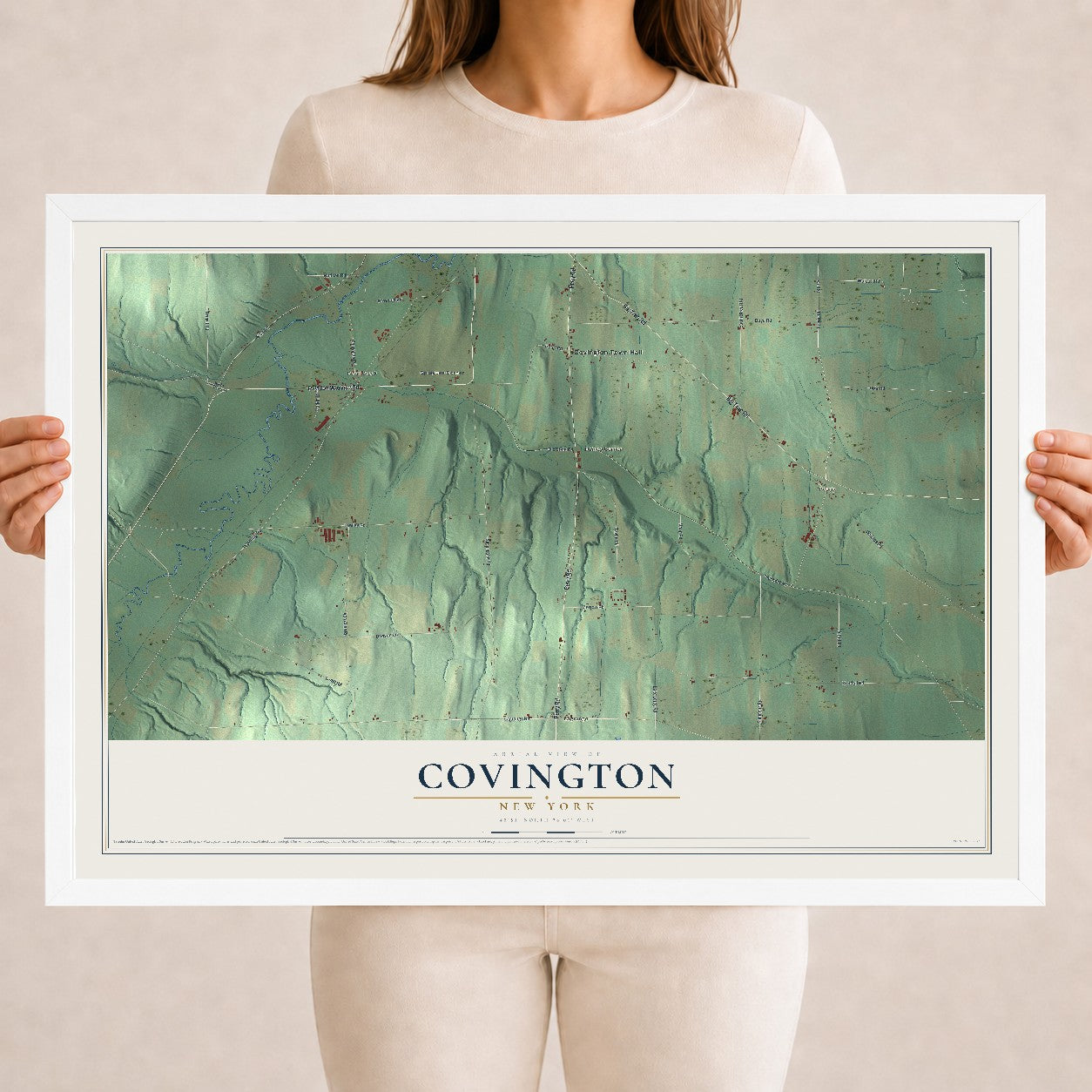 Covington, New York map print, 18" x 24" W/ White Ayous Wood Frame mockup