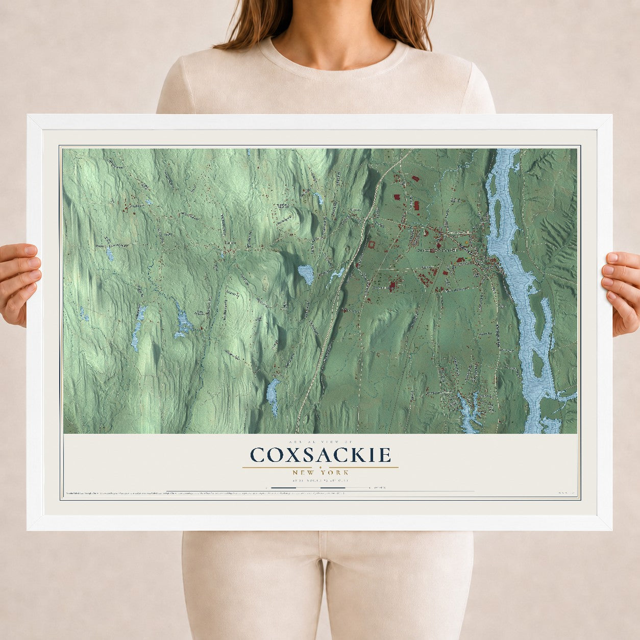 Coxsackie, New York map print, 18" x 24" W/ White Ayous Wood Frame mockup