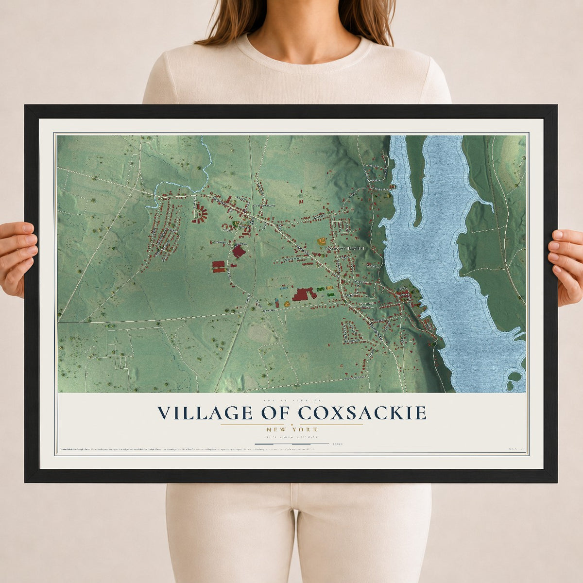 Coxsackie, New York map print, 18" x 24" W/ Black Ayous Wood Frame mockup