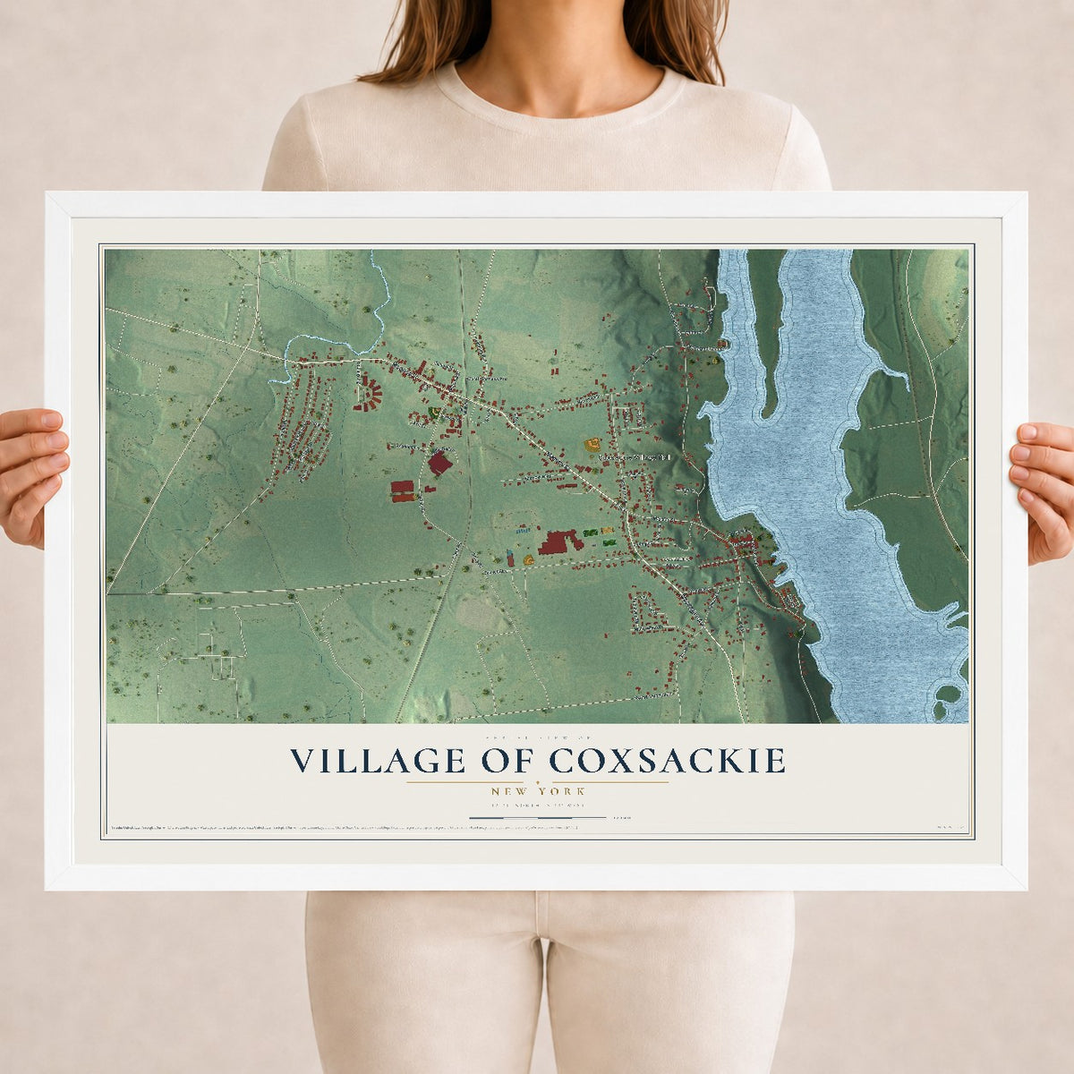 Coxsackie, New York map print, 18" x 24" W/ White Ayous Wood Frame mockup