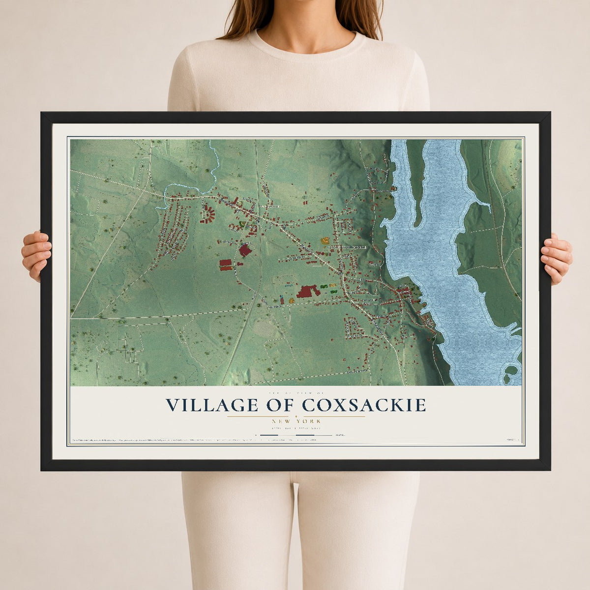 Coxsackie, New York map print, 24" x 36" W/ Black Ayous Wood Frame mockup