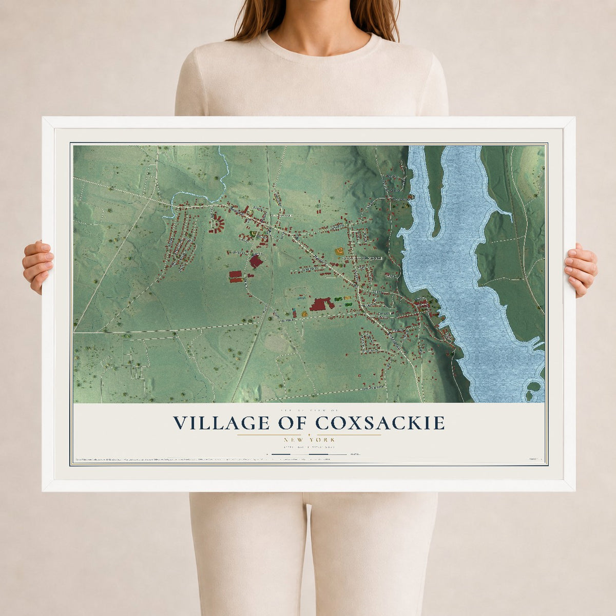 Coxsackie, New York map print, 24" x 36" W/ White Ayous Wood Frame mockup