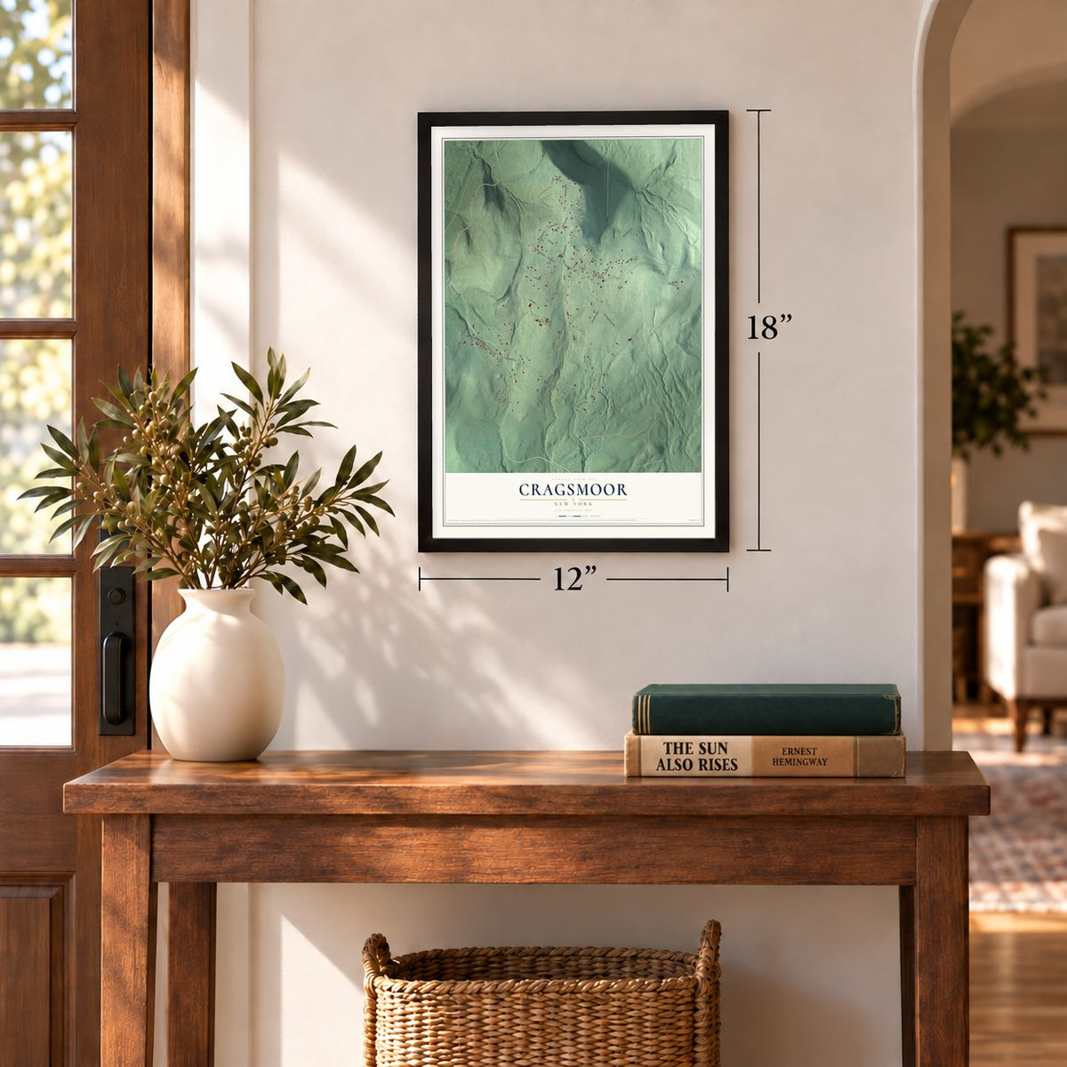 Cragsmoor, New York map, 12 x 18 inch print in a black frame in an entryway