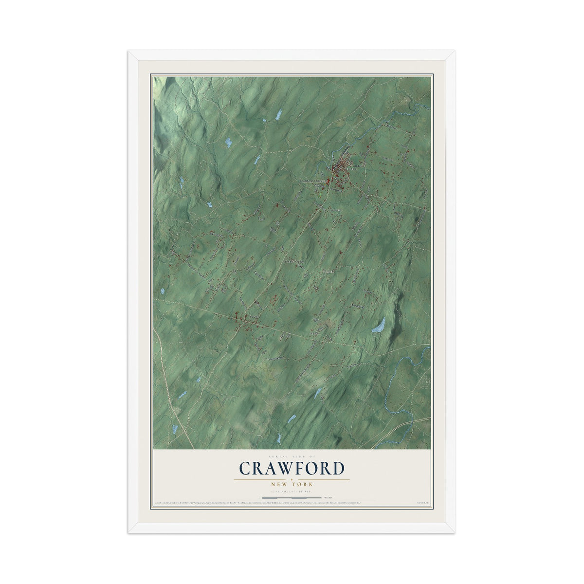 Crawford, New York map print, 12" x 18" W/ White Ayous Wood Frame mockup