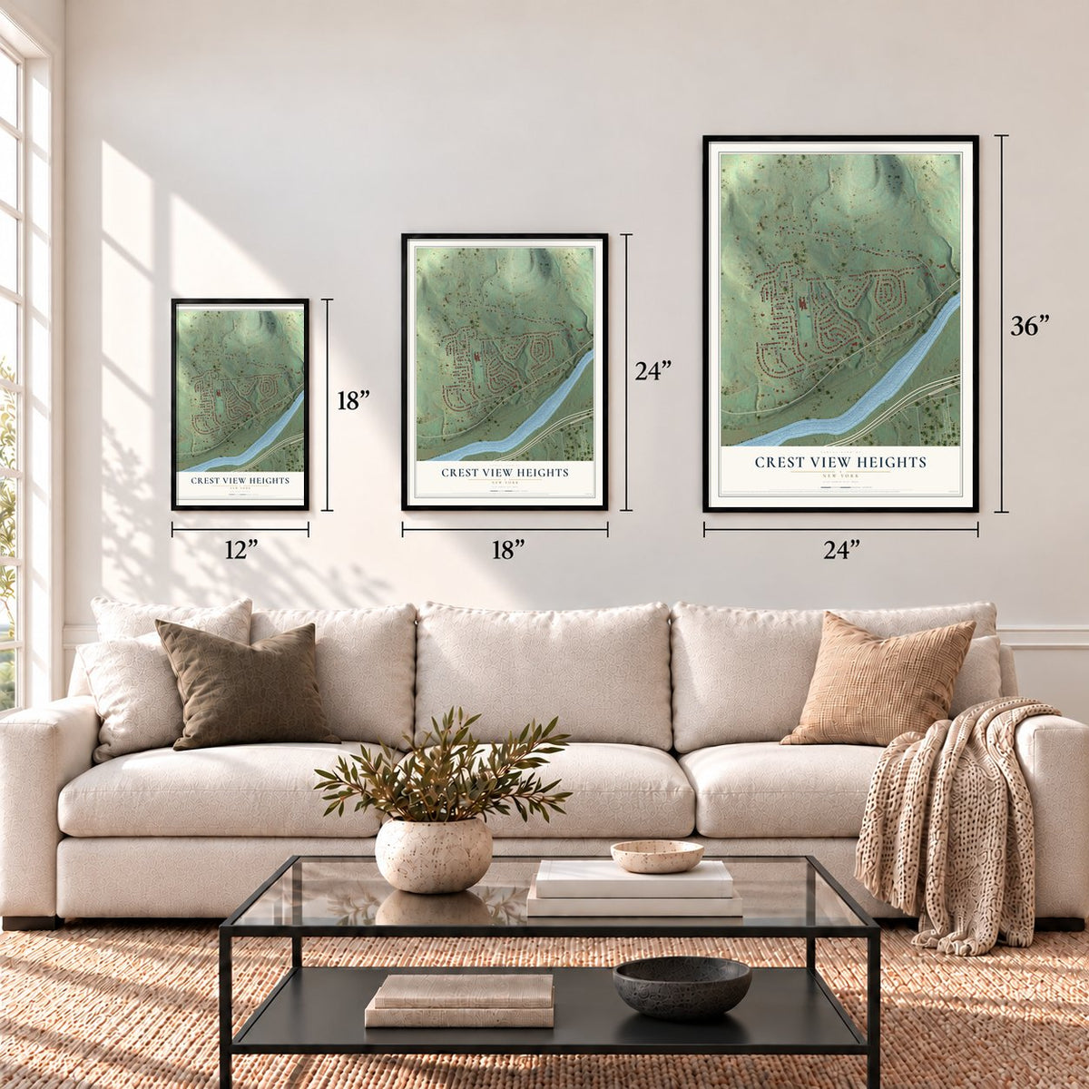 Crest View Heights, New York map in 12 x 18, 18 x 24 and 24 x 36 inch sizes above a sofa