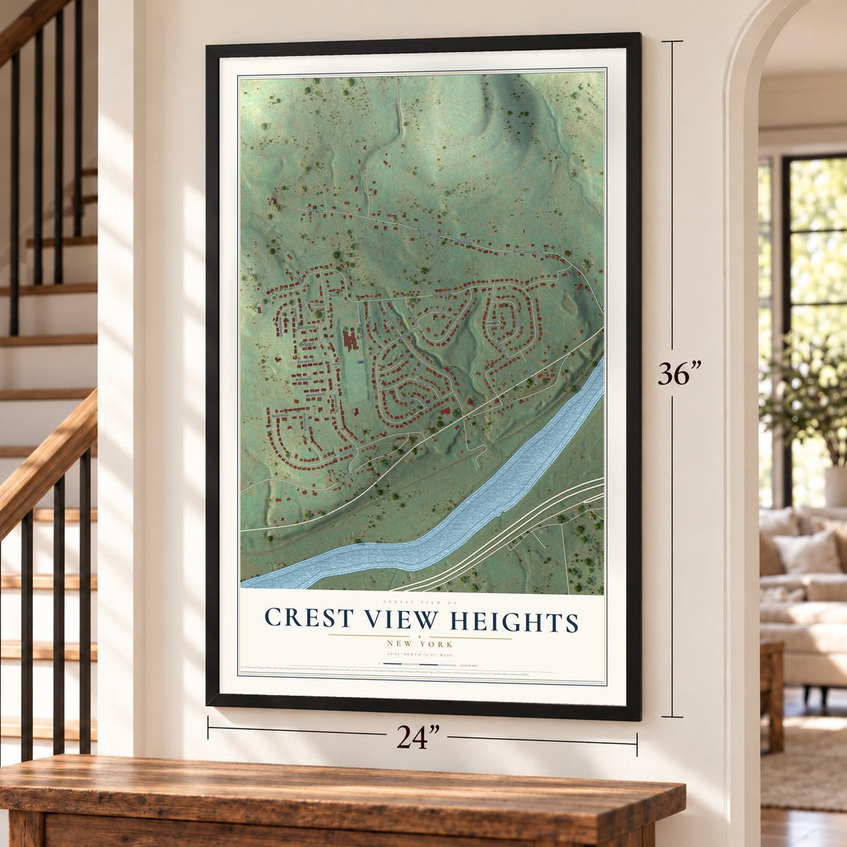 Crest View Heights, New York map, 24 x 36 inch print in a black frame by a staircase