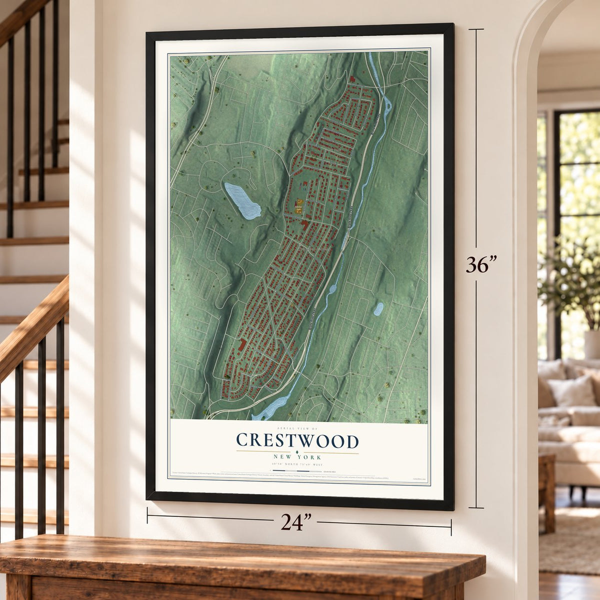 Crestwood, New York map, 24 x 36 inch print in a black frame by a staircase