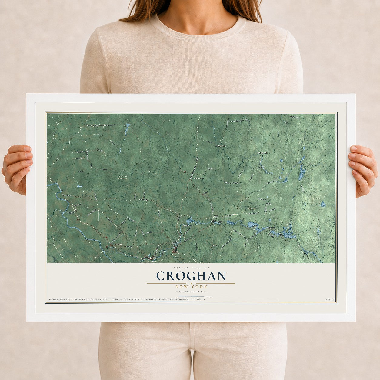 Croghan, New York map print, 12" x 18" W/ White Ayous Wood Frame mockup