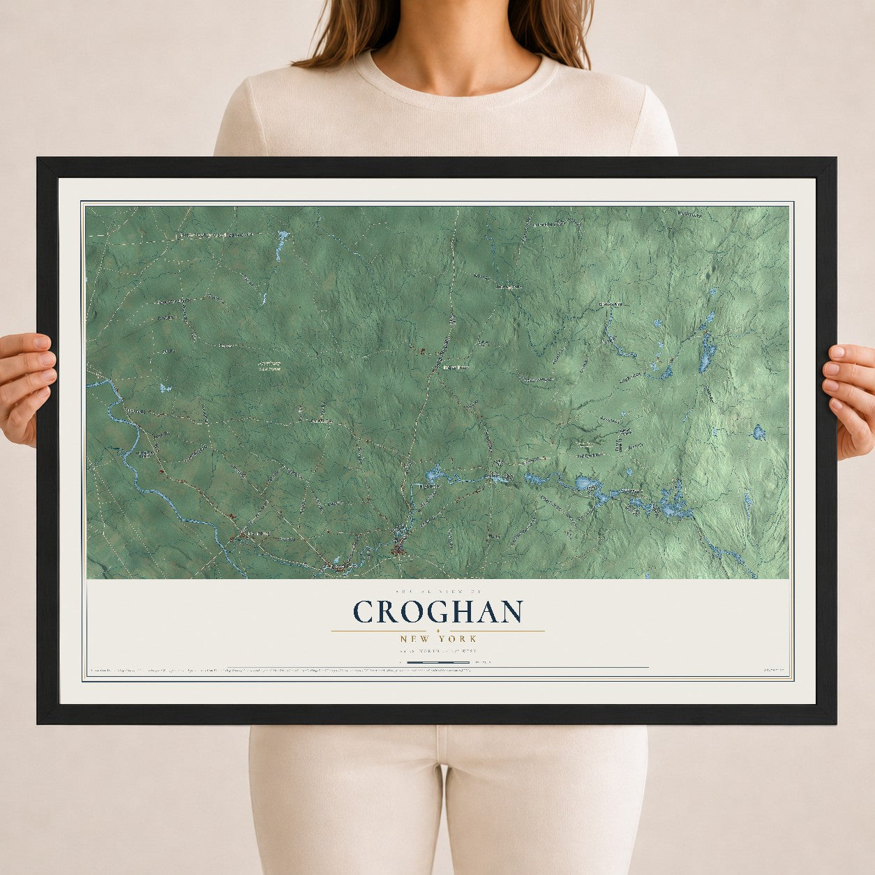 Croghan, New York map print, 18" x 24" W/ Black Ayous Wood Frame mockup