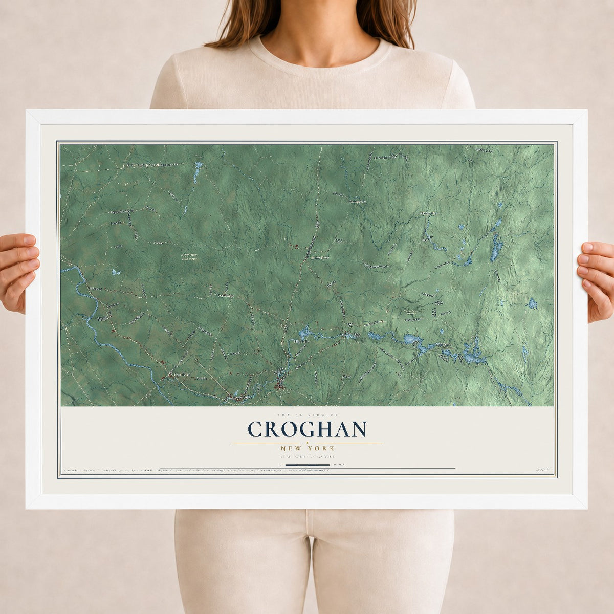 Croghan, New York map print, 18" x 24" W/ White Ayous Wood Frame mockup