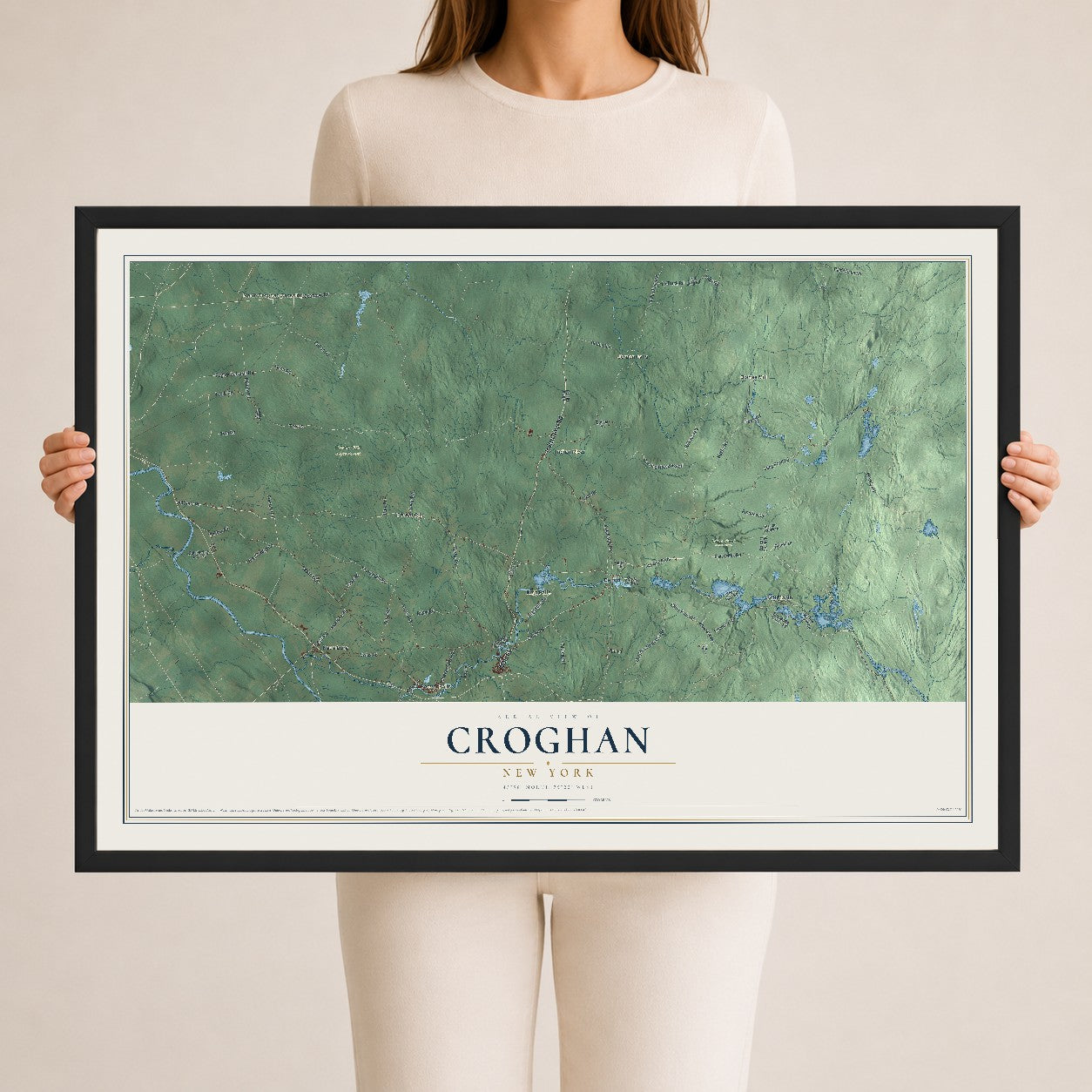 Croghan, New York map print, 24" x 36" W/ Black Ayous Wood Frame mockup