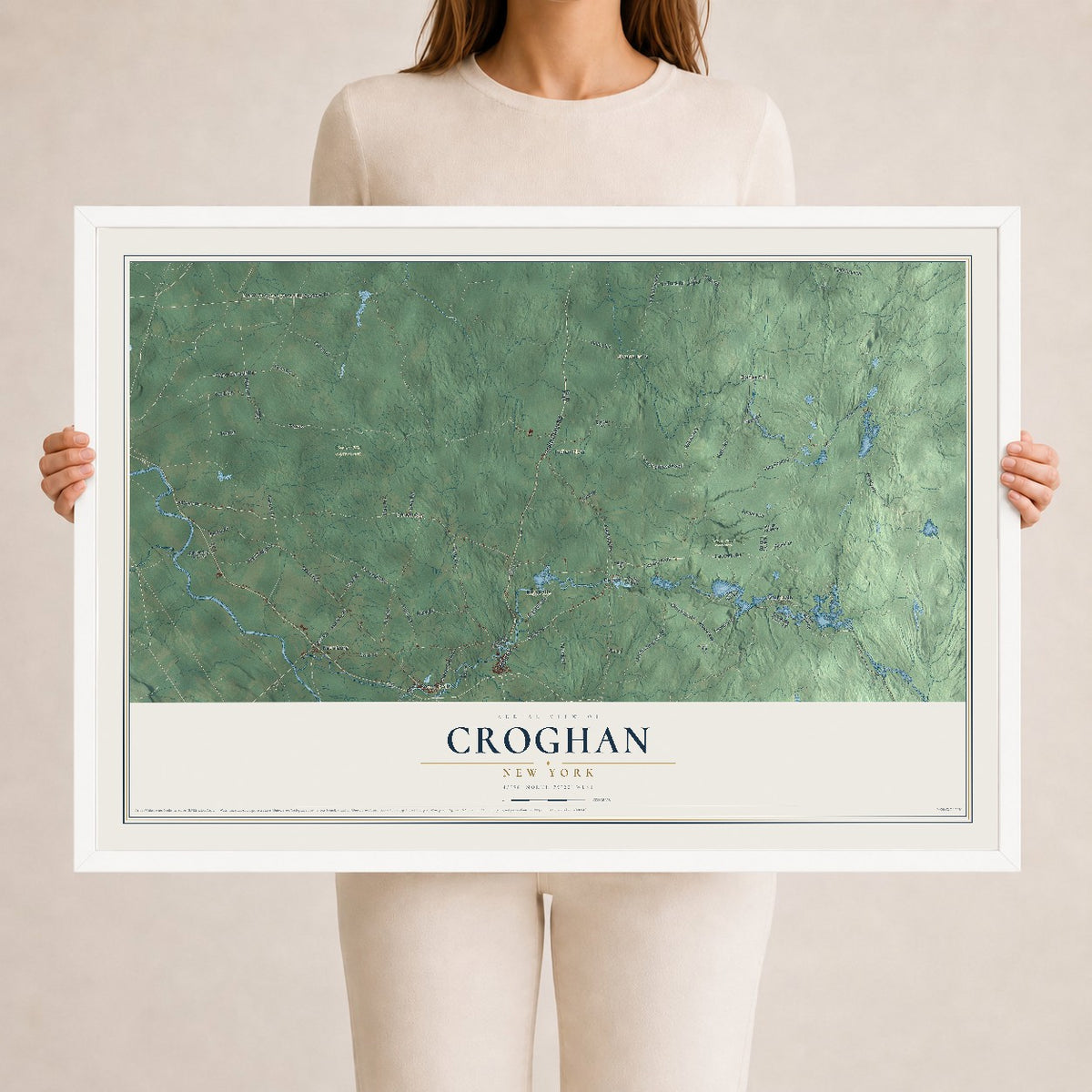 Croghan, New York map print, 24" x 36" W/ White Ayous Wood Frame mockup