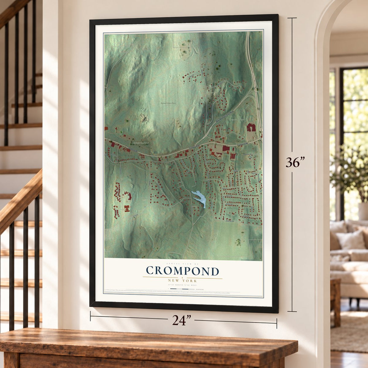 Crompond, New York map, 24 x 36 inch print in a black frame by a staircase