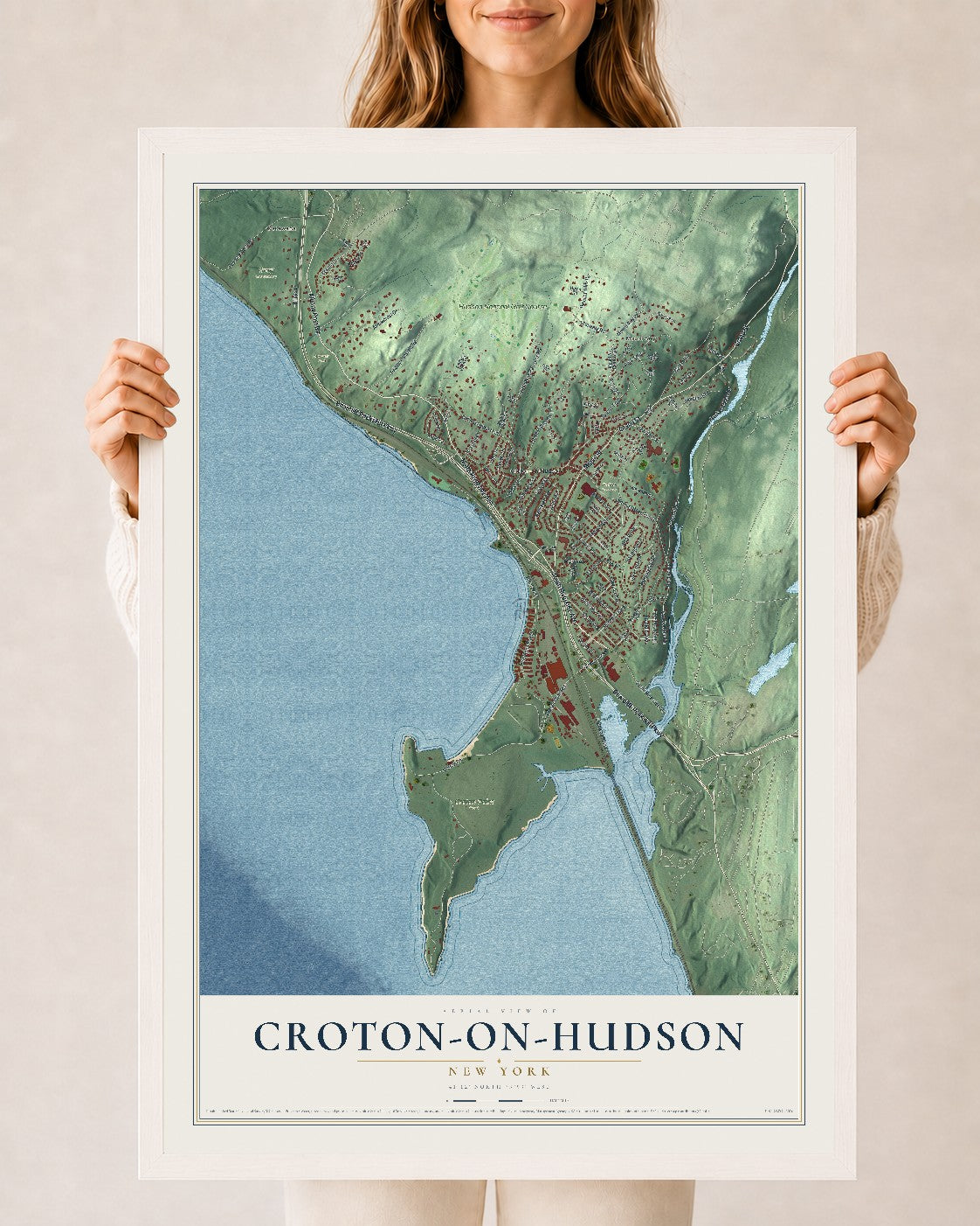 Croton-on-Hudson, New York map print, 24" x 36" W/ White Ayous Wood Frame mockup