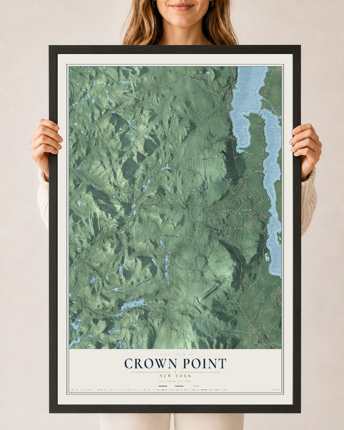 Crown Point, New York map print, 24" x 36" W/ Black Ayous Wood Frame mockup