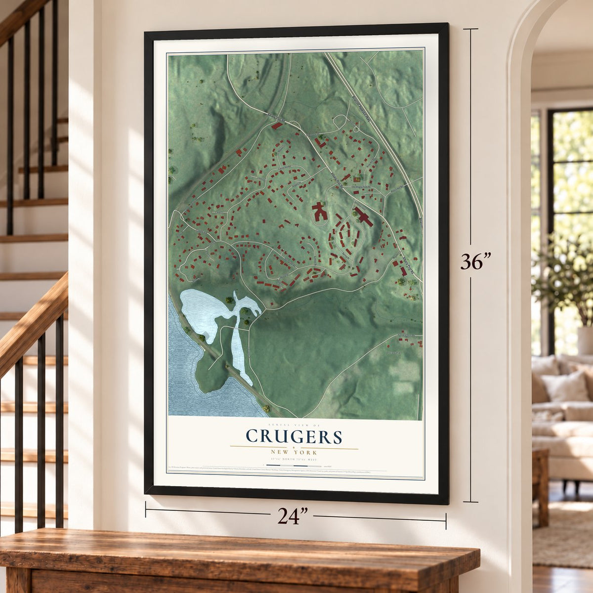 Crugers, New York map, 24 x 36 inch print in a black frame by a staircase