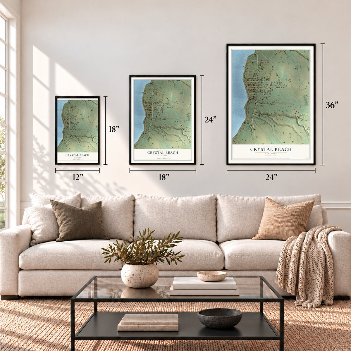Crystal Beach, New York map in 12 x 18, 18 x 24 and 24 x 36 inch sizes above a sofa
