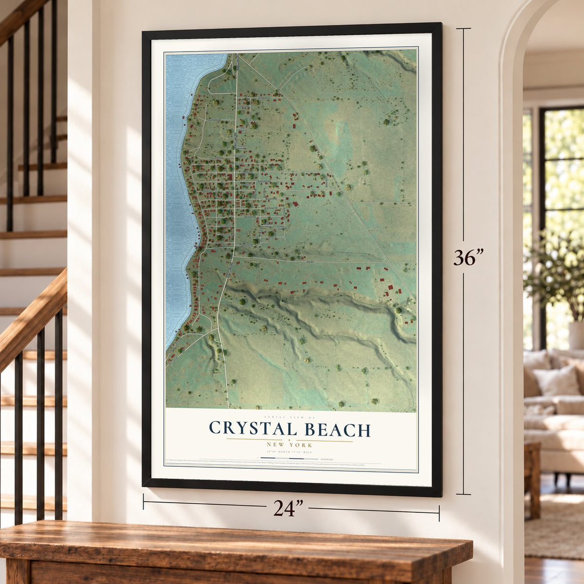 Crystal Beach, New York map, 24 x 36 inch print in a black frame by a staircase