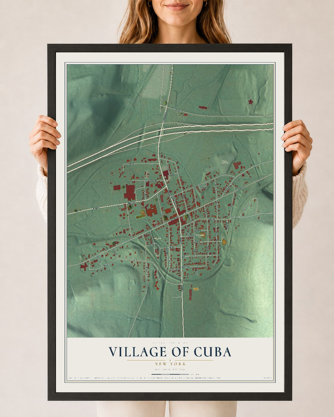 Cuba, New York map print, 24" x 36" W/ Black Ayous Wood Frame mockup