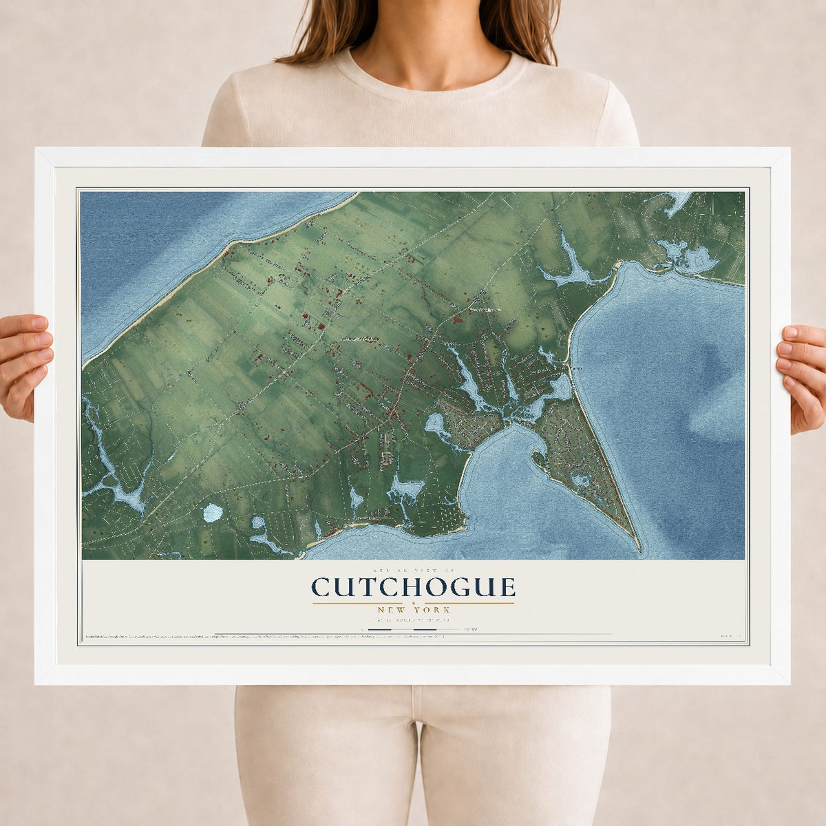 Cutchogue, New York map print, 18" x 24" W/ White Ayous Wood Frame mockup